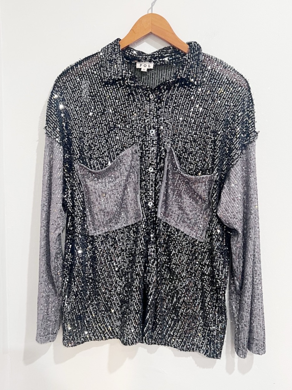 EUC POL Colorblock Sequin Mesh Knit Button-Up Shirt in Black/Silver